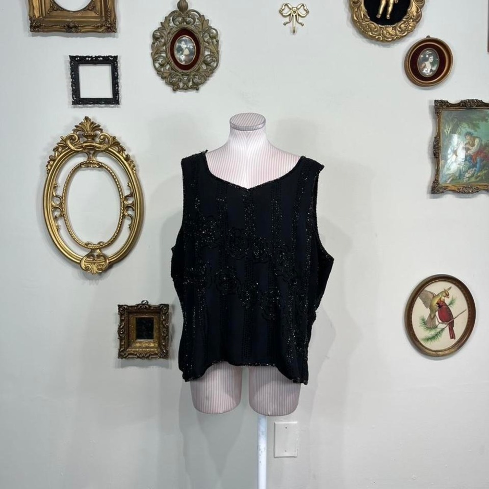 Dressbarn Woman Vintage Black Beaded Sleeveless Top Floral Sequin Evening Blouse
